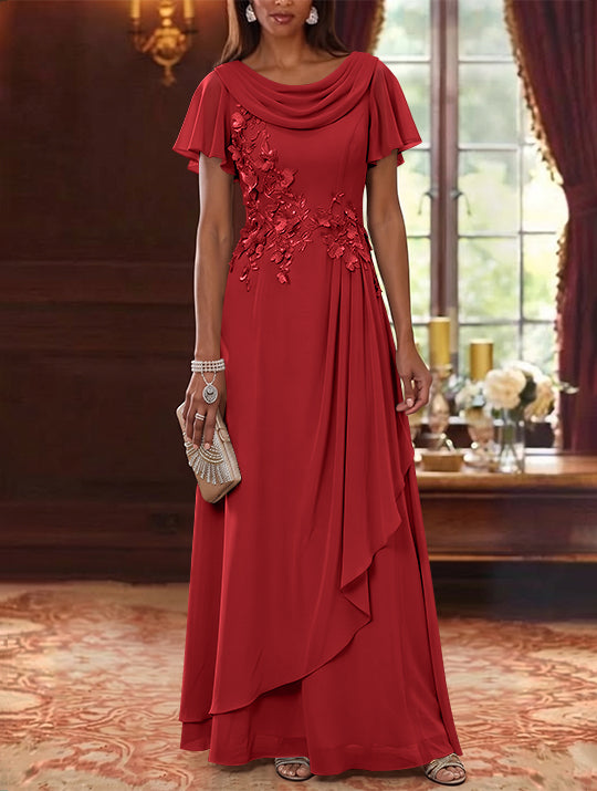 A-Line/Princess Cowl Neck Chiffon Mother of the Bride Dresses Floral Short Sleeves Floor-Length Ruffles