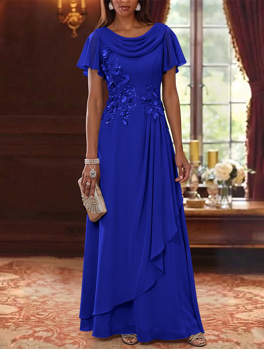 A-Line/Princess Cowl Neck Chiffon Mother of the Bride Dresses Floral Short Sleeves Floor-Length Ruffles