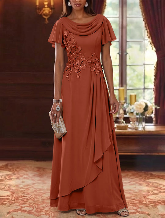 A-Line/Princess Cowl Neck Chiffon Mother of the Bride Dresses Floral Short Sleeves Floor-Length Ruffles