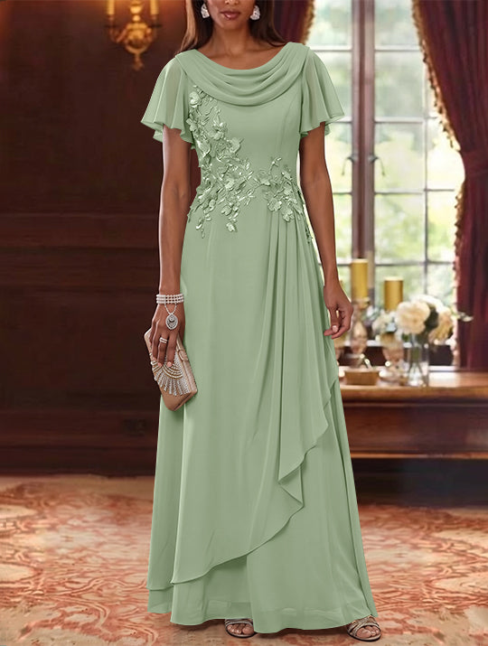 A-Line/Princess Cowl Neck Chiffon Mother of the Bride Dresses Floral Short Sleeves Floor-Length Ruffles