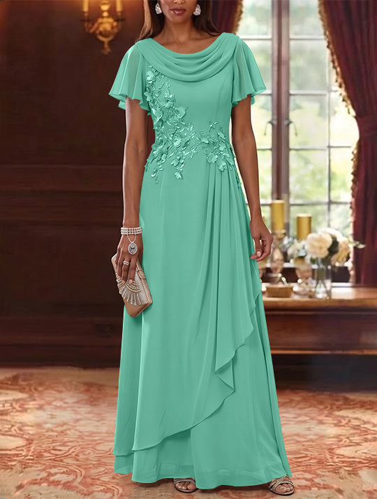 A-Line/Princess Cowl Neck Chiffon Mother of the Bride Dresses Floral Short Sleeves Floor-Length Ruffles