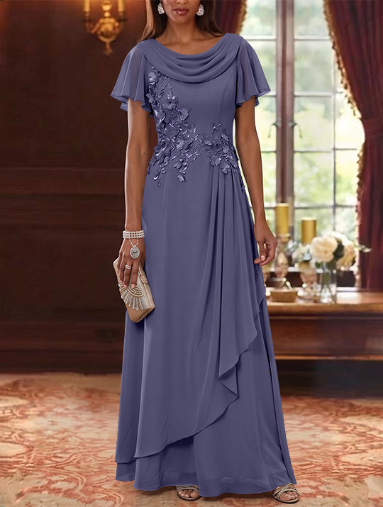 A-Line/Princess Cowl Neck Chiffon Mother of the Bride Dresses Floral Short Sleeves Floor-Length Ruffles