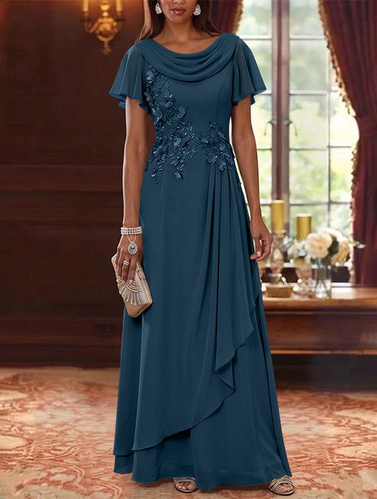 A-Line/Princess Cowl Neck Chiffon Mother of the Bride Dresses Floral Short Sleeves Floor-Length Ruffles