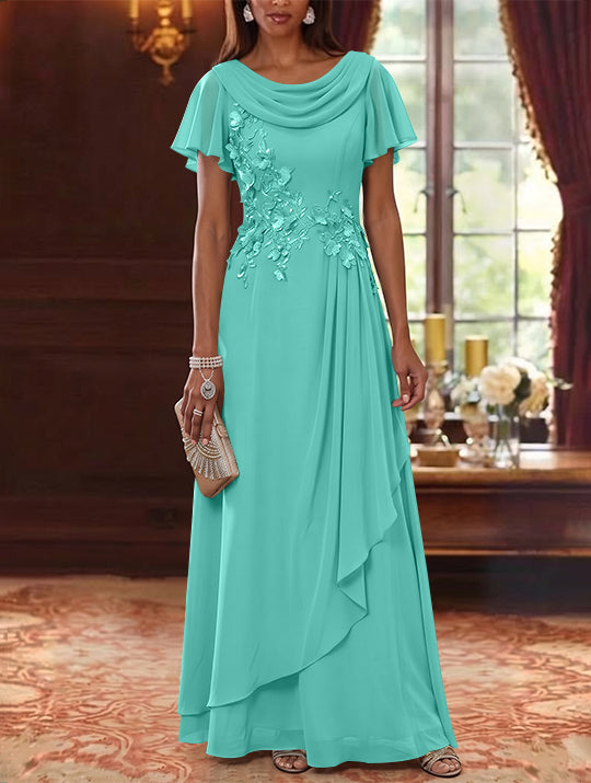 A-Line/Princess Cowl Neck Chiffon Mother of the Bride Dresses Floral Short Sleeves Floor-Length Ruffles