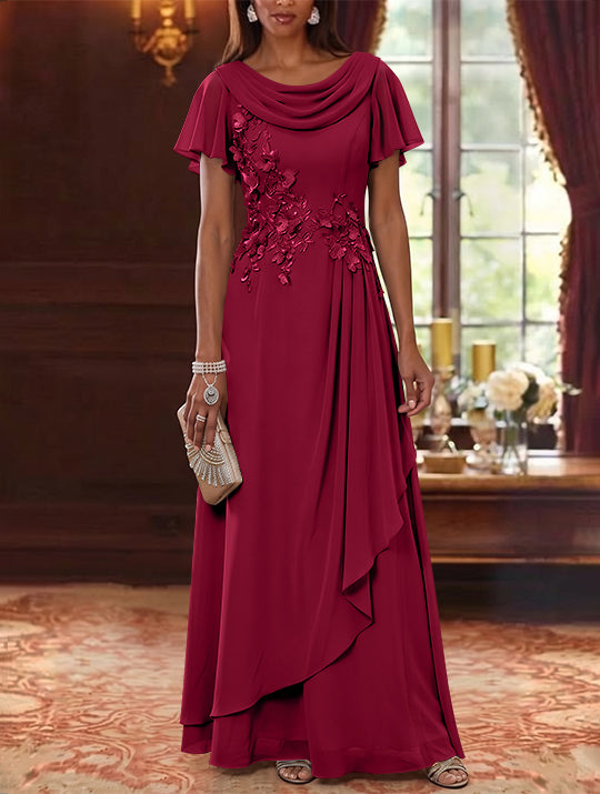 A-Line/Princess Cowl Neck Chiffon Mother of the Bride Dresses Floral Short Sleeves Floor-Length Ruffles