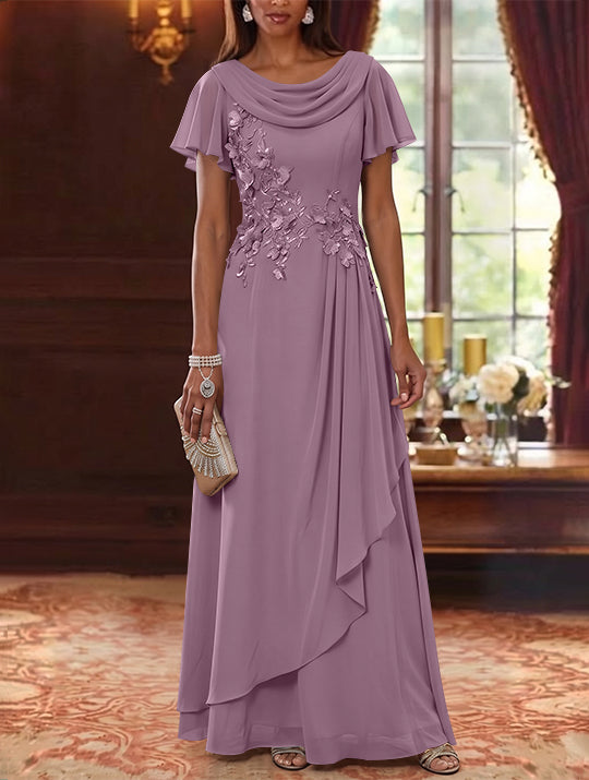 A-Line/Princess Cowl Neck Chiffon Mother of the Bride Dresses Floral Short Sleeves Floor-Length Ruffles