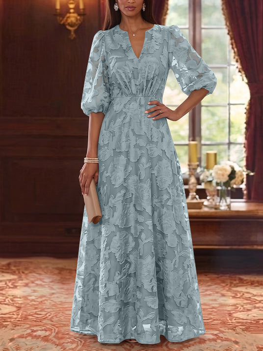 A-Line/Princess V-Neck Chiffon Floral Mother of the Bride Dresses Floor-Length Half Sleeves