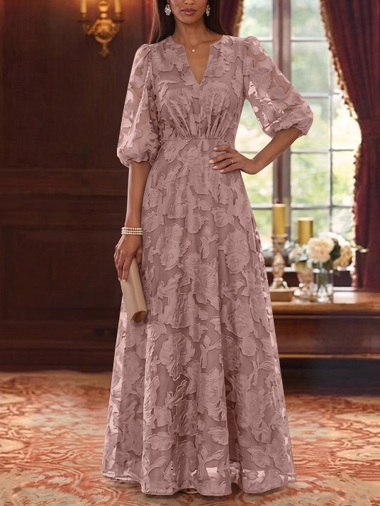A-Line/Princess V-Neck Chiffon Floral Mother of the Bride Dresses Floor-Length Half Sleeves