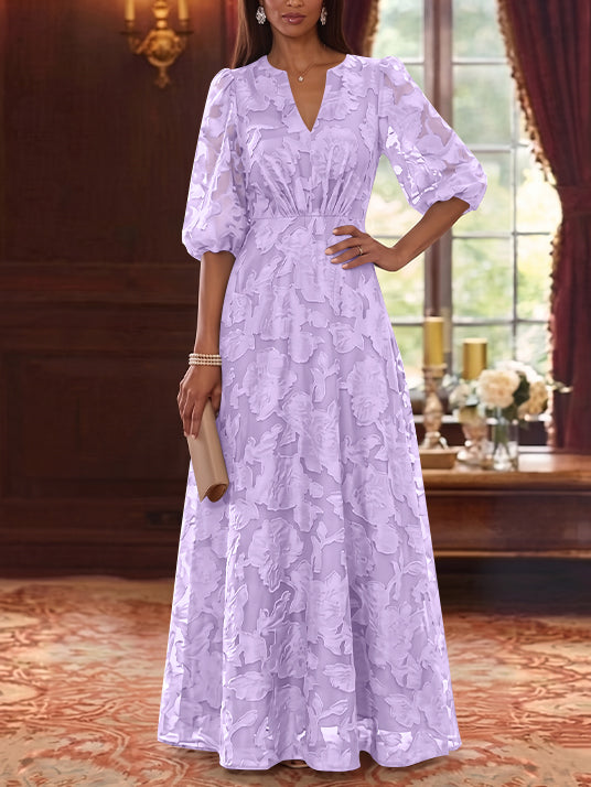 A-Line/Princess V-Neck Chiffon Floral Mother of the Bride Dresses Floor-Length Half Sleeves