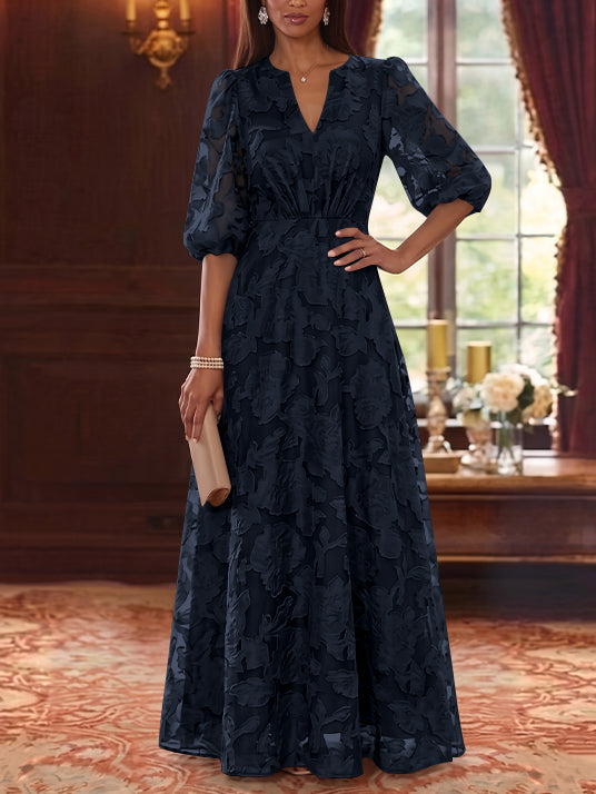 A-Line/Princess V-Neck Chiffon Floral Mother of the Bride Dresses Floor-Length Half Sleeves