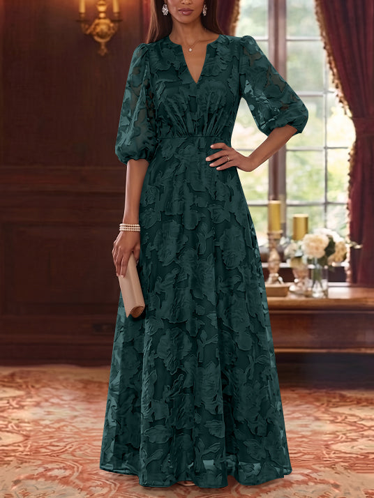 A-Line/Princess V-Neck Chiffon Floral Mother of the Bride Dresses Floor-Length Half Sleeves