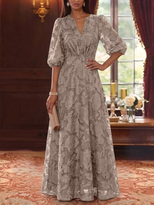 A-Line/Princess V-Neck Chiffon Floral Mother of the Bride Dresses Floor-Length Half Sleeves