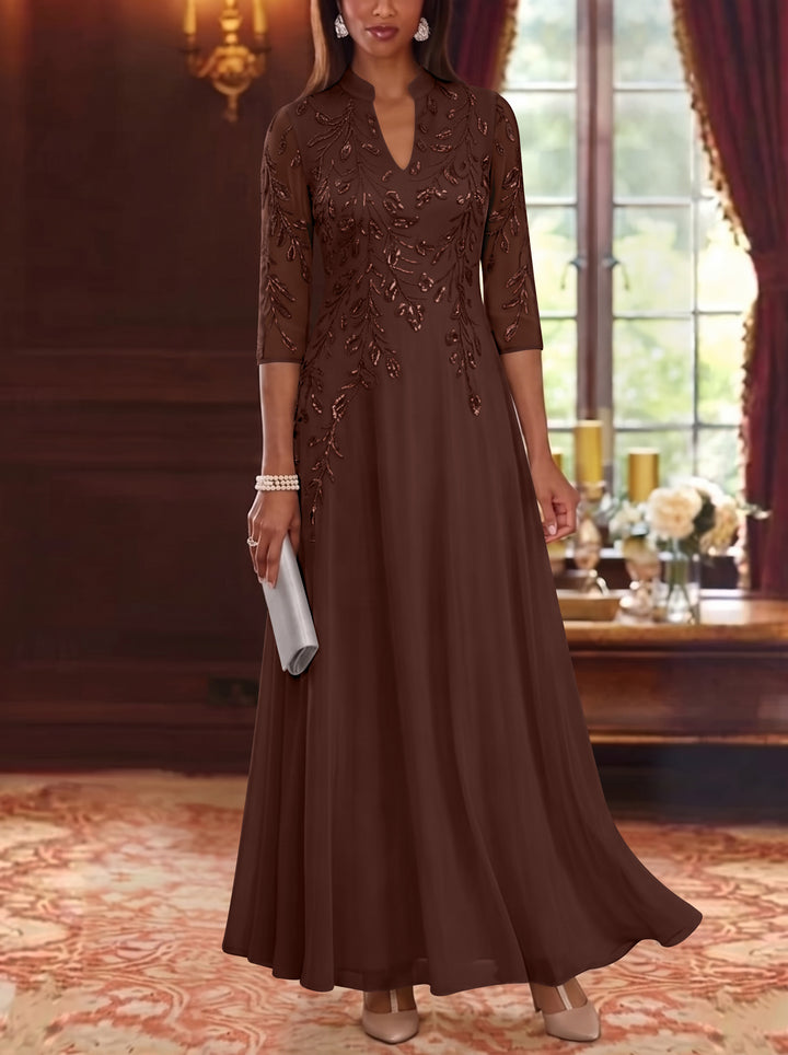 A-Line/Princess V-Neck Chiffon Mother of the Bride Dresses Lace Sequins 3/4 Sleeves Ankle-Length