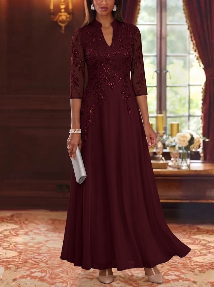 A-Line/Princess V-Neck Chiffon Mother of the Bride Dresses Lace Sequins 3/4 Sleeves Ankle-Length