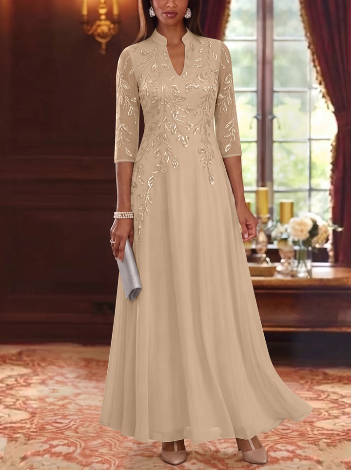 A-Line/Princess V-Neck Chiffon Mother of the Bride Dresses Lace Sequins 3/4 Sleeves Ankle-Length