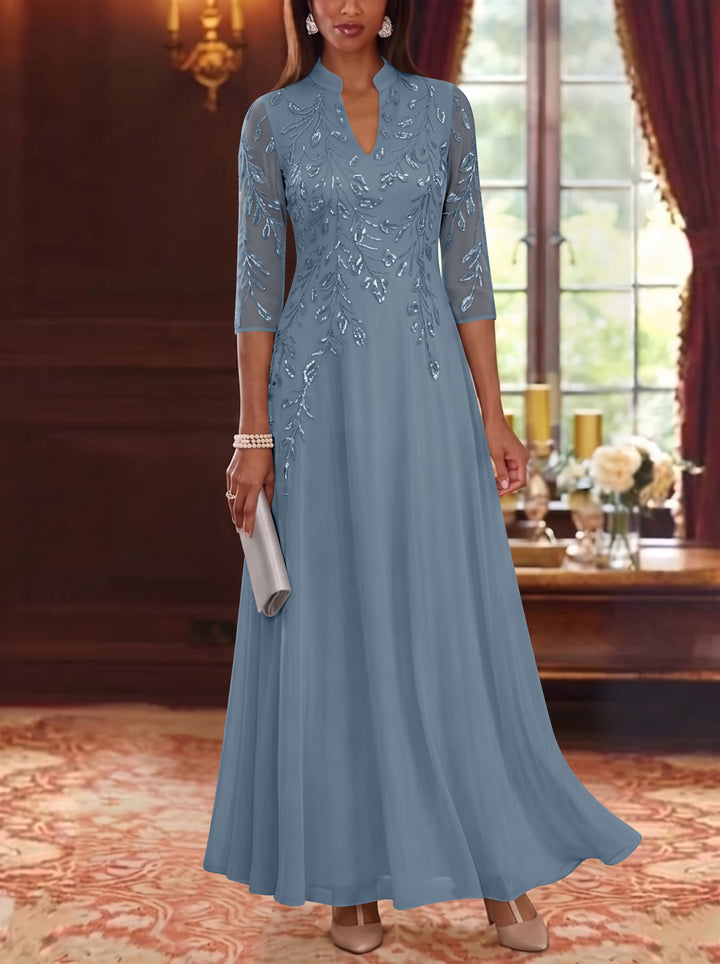A-Line/Princess V-Neck Chiffon Mother of the Bride Dresses Lace Sequins 3/4 Sleeves Ankle-Length