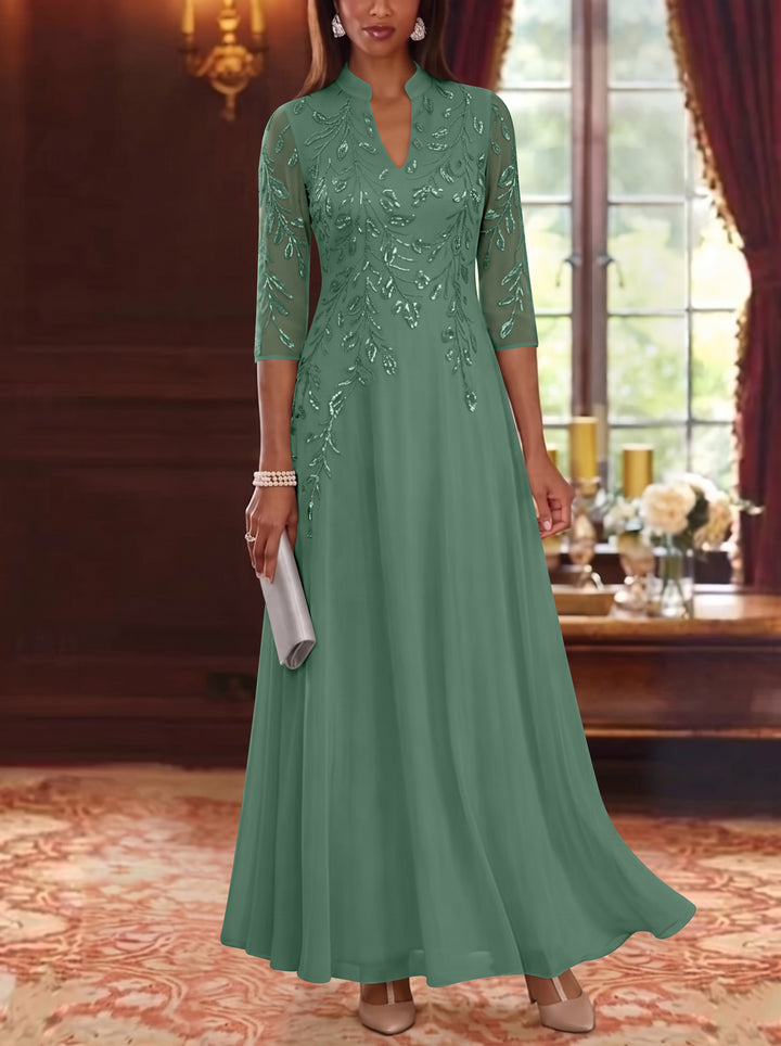 A-Line/Princess V-Neck Chiffon Mother of the Bride Dresses Lace Sequins 3/4 Sleeves Ankle-Length
