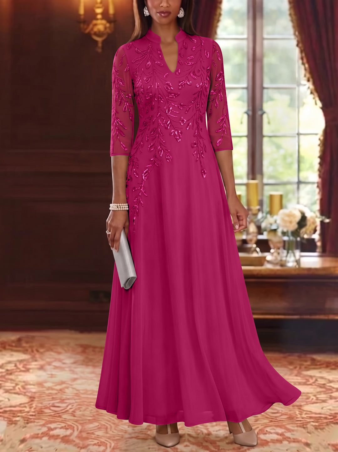 A-Line/Princess V-Neck Chiffon Mother of the Bride Dresses Lace Sequins 3/4 Sleeves Ankle-Length