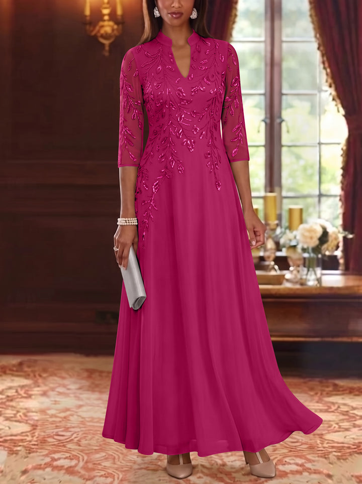 A-Line/Princess V-Neck Chiffon Mother of the Bride Dresses Lace Sequins 3/4 Sleeves Ankle-Length