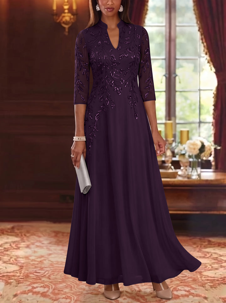 A-Line/Princess V-Neck Chiffon Mother of the Bride Dresses Lace Sequins 3/4 Sleeves Ankle-Length