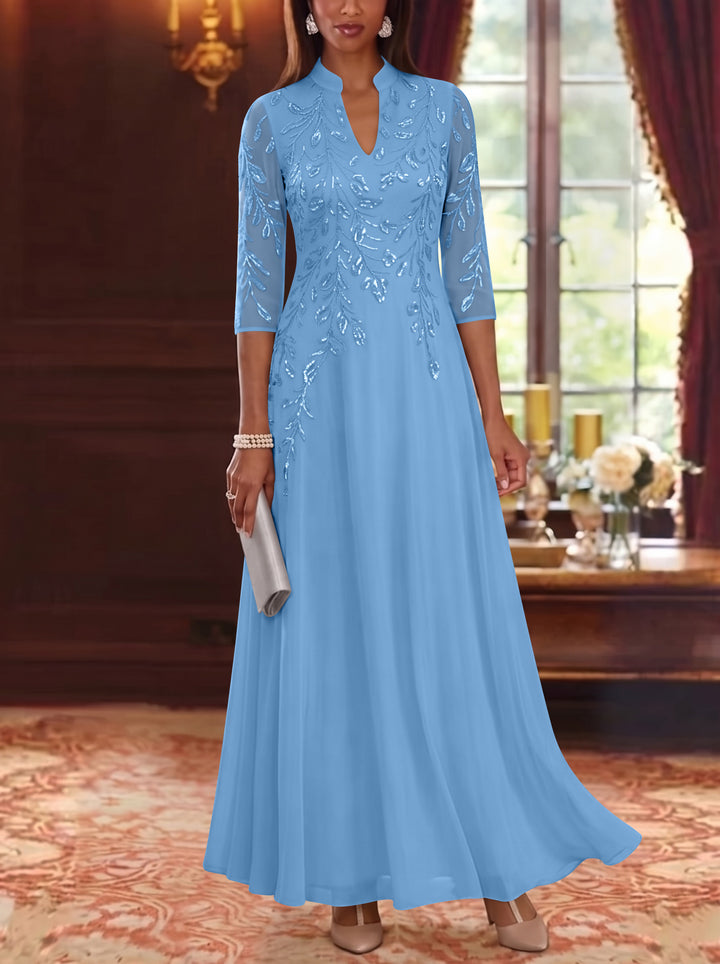 A-Line/Princess V-Neck Chiffon Mother of the Bride Dresses Lace Sequins 3/4 Sleeves Ankle-Length