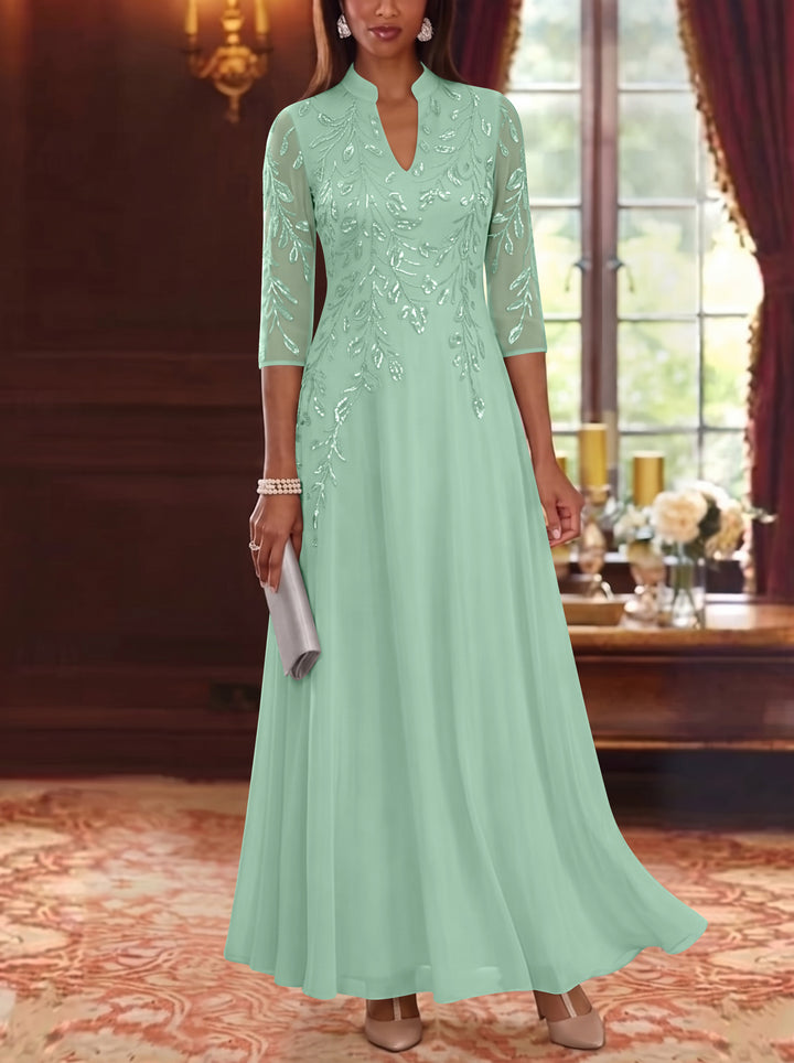 A-Line/Princess V-Neck Chiffon Mother of the Bride Dresses Lace Sequins 3/4 Sleeves Ankle-Length