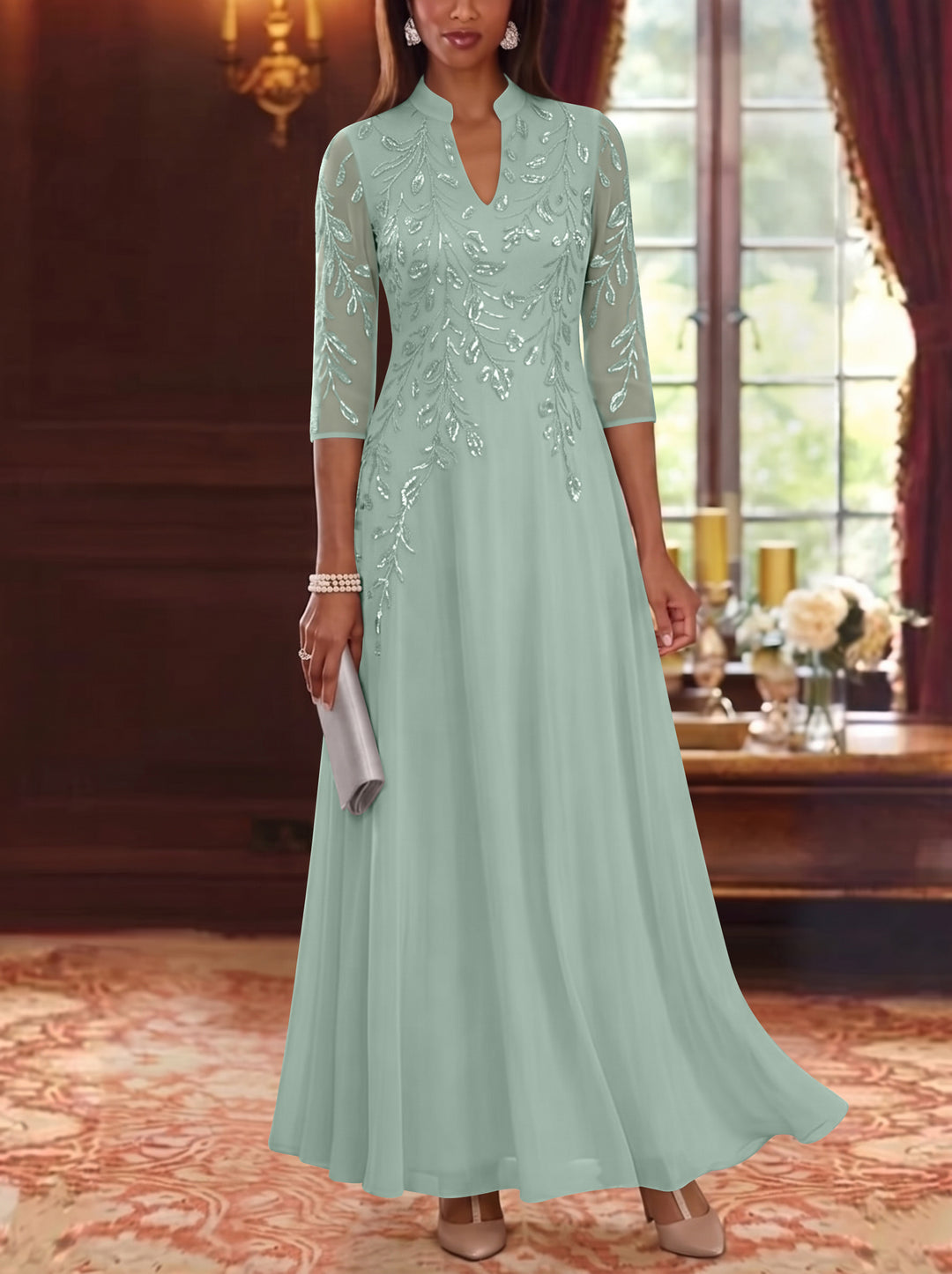 A-Line/Princess V-Neck Chiffon Mother of the Bride Dresses Lace Sequins 3/4 Sleeves Ankle-Length