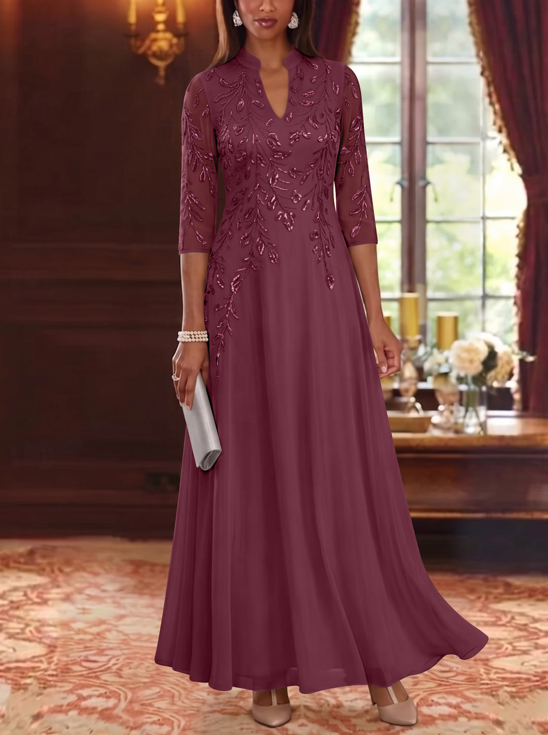 A-Line/Princess V-Neck Chiffon Mother of the Bride Dresses Lace Sequins 3/4 Sleeves Ankle-Length
