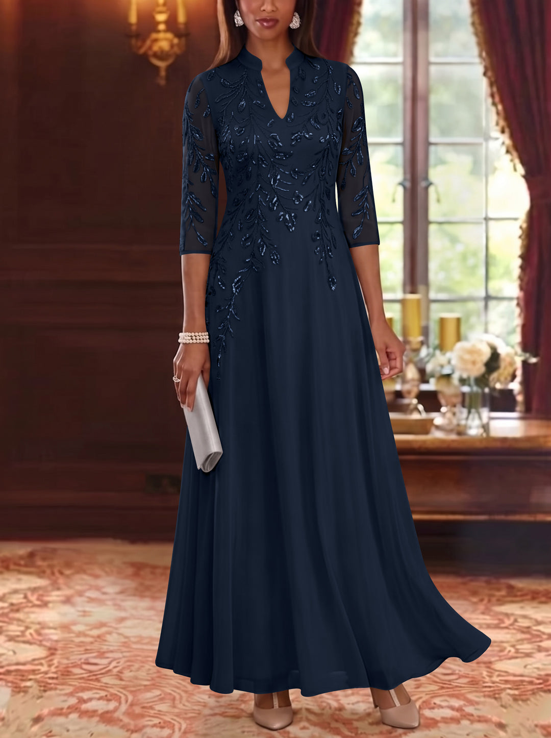 A-Line/Princess V-Neck Chiffon Mother of the Bride Dresses Lace Sequins 3/4 Sleeves Ankle-Length
