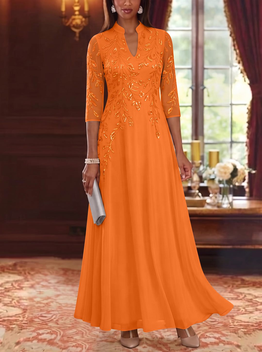A-Line/Princess V-Neck Chiffon Mother of the Bride Dresses Lace Sequins 3/4 Sleeves Ankle-Length
