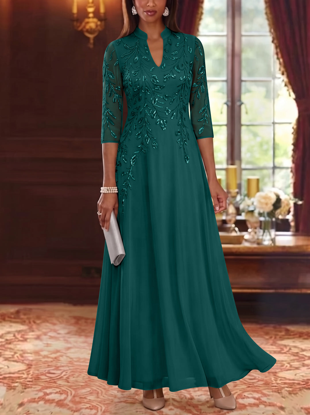 A-Line/Princess V-Neck Chiffon Mother of the Bride Dresses Lace Sequins 3/4 Sleeves Ankle-Length