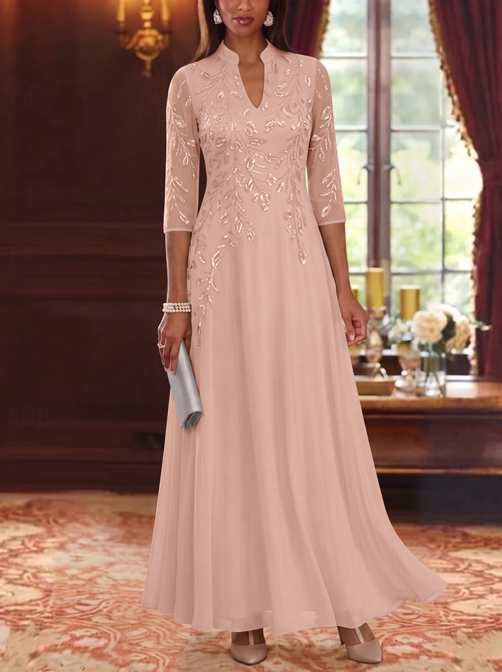 A-Line/Princess V-Neck Chiffon Mother of the Bride Dresses Lace Sequins 3/4 Sleeves Ankle-Length