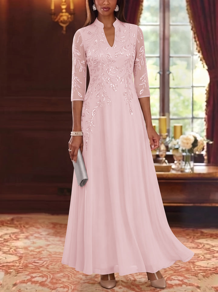 A-Line/Princess V-Neck Chiffon Mother of the Bride Dresses Lace Sequins 3/4 Sleeves Ankle-Length