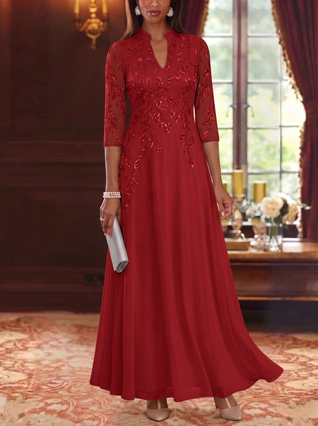 A-Line/Princess V-Neck Chiffon Mother of the Bride Dresses Lace Sequins 3/4 Sleeves Ankle-Length