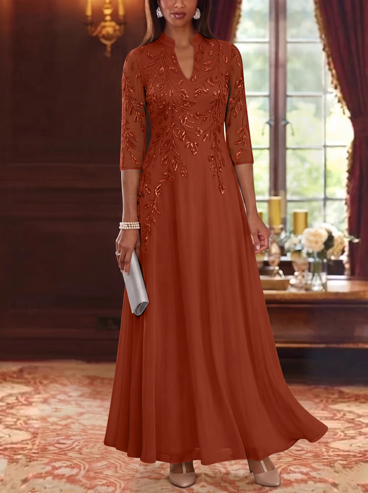 A-Line/Princess V-Neck Chiffon Mother of the Bride Dresses Lace Sequins 3/4 Sleeves Ankle-Length