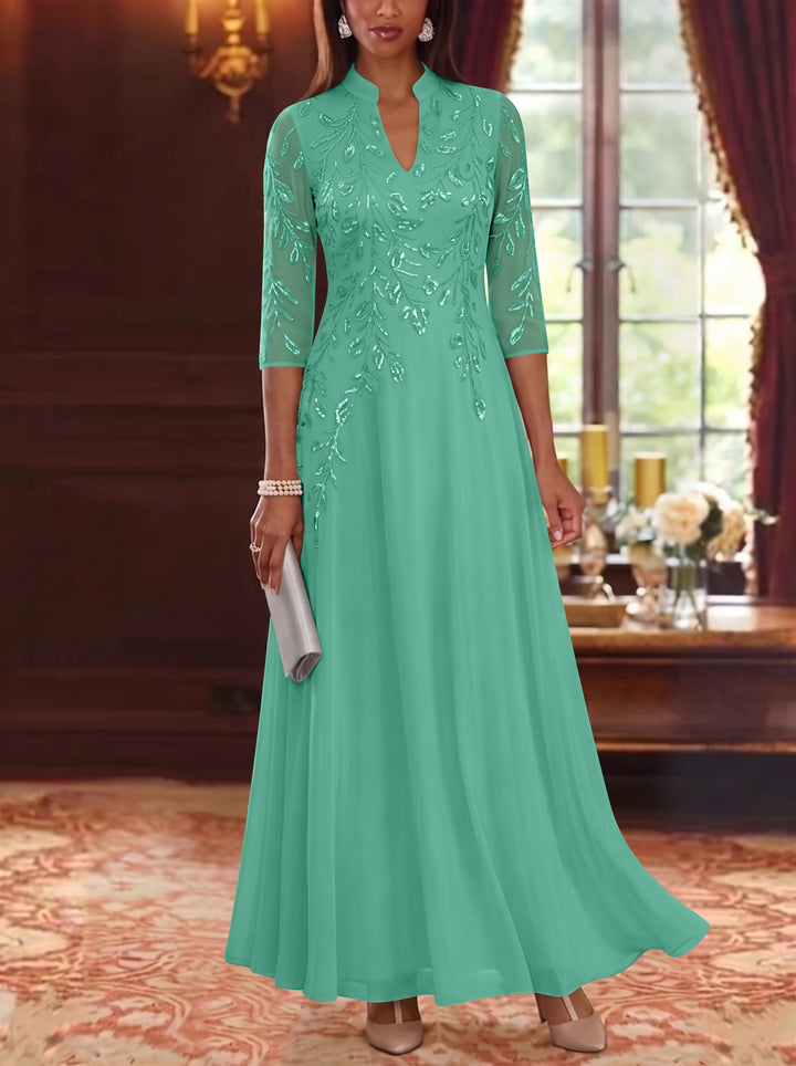A-Line/Princess V-Neck Chiffon Mother of the Bride Dresses Lace Sequins 3/4 Sleeves Ankle-Length
