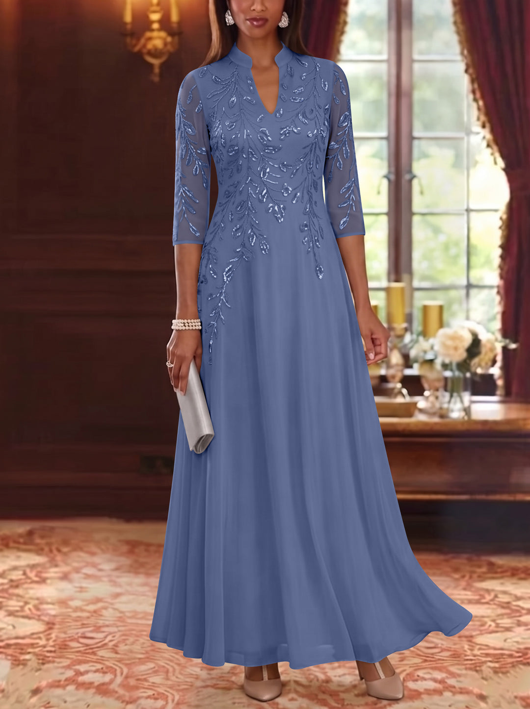 A-Line/Princess V-Neck Chiffon Mother of the Bride Dresses Lace Sequins 3/4 Sleeves Ankle-Length