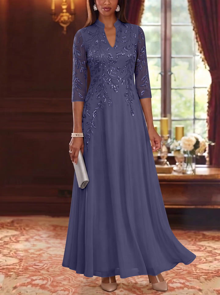 A-Line/Princess V-Neck Chiffon Mother of the Bride Dresses Lace Sequins 3/4 Sleeves Ankle-Length