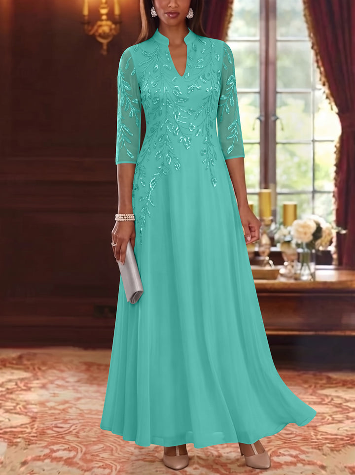 A-Line/Princess V-Neck Chiffon Mother of the Bride Dresses Lace Sequins 3/4 Sleeves Ankle-Length