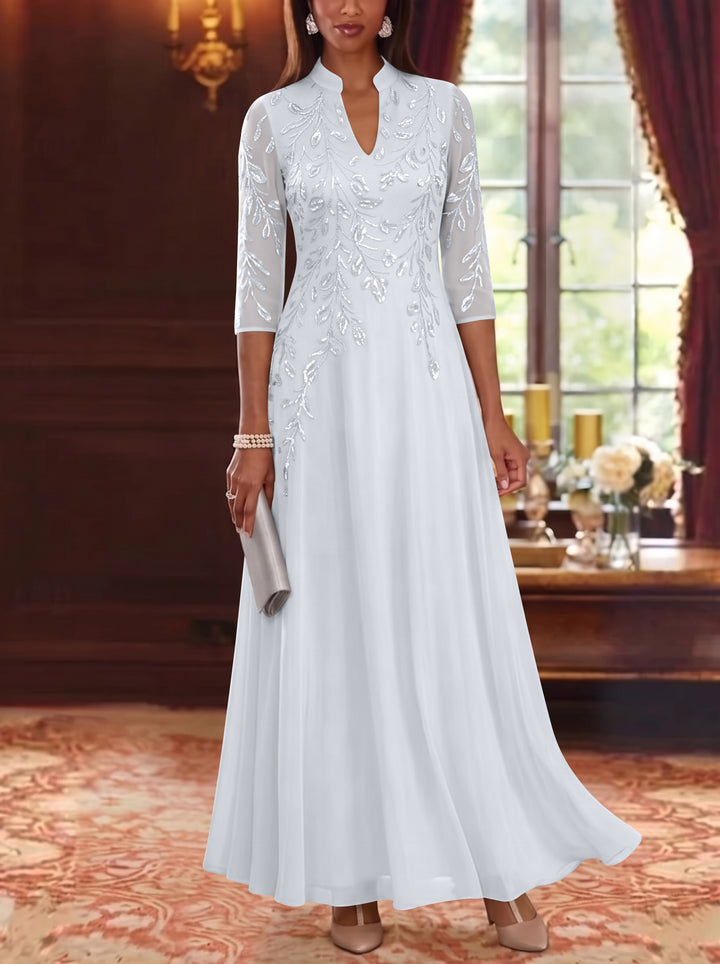 A-Line/Princess V-Neck Chiffon Mother of the Bride Dresses Lace Sequins 3/4 Sleeves Ankle-Length
