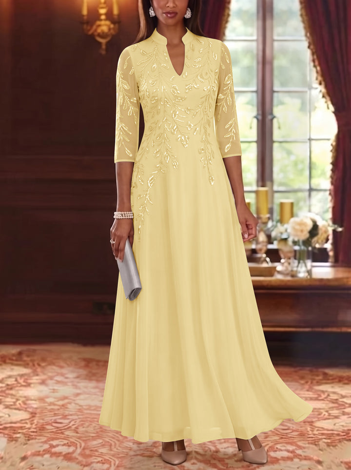 A-Line/Princess V-Neck Chiffon Mother of the Bride Dresses Lace Sequins 3/4 Sleeves Ankle-Length