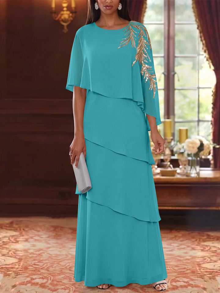 A-Line/Princess Scoop Chiffon Mother of the Bride Dresses Lace Sequins Cape Sleeves Ruffles Floor-Length