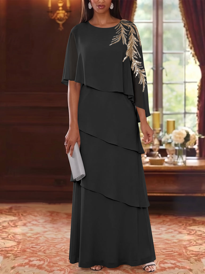 A-Line/Princess Scoop Chiffon Mother of the Bride Dresses Lace Sequins Cape Sleeves Ruffles Floor-Length