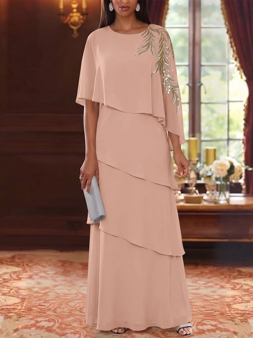 A-Line/Princess Scoop Chiffon Mother of the Bride Dresses Lace Sequins Cape Sleeves Ruffles Floor-Length