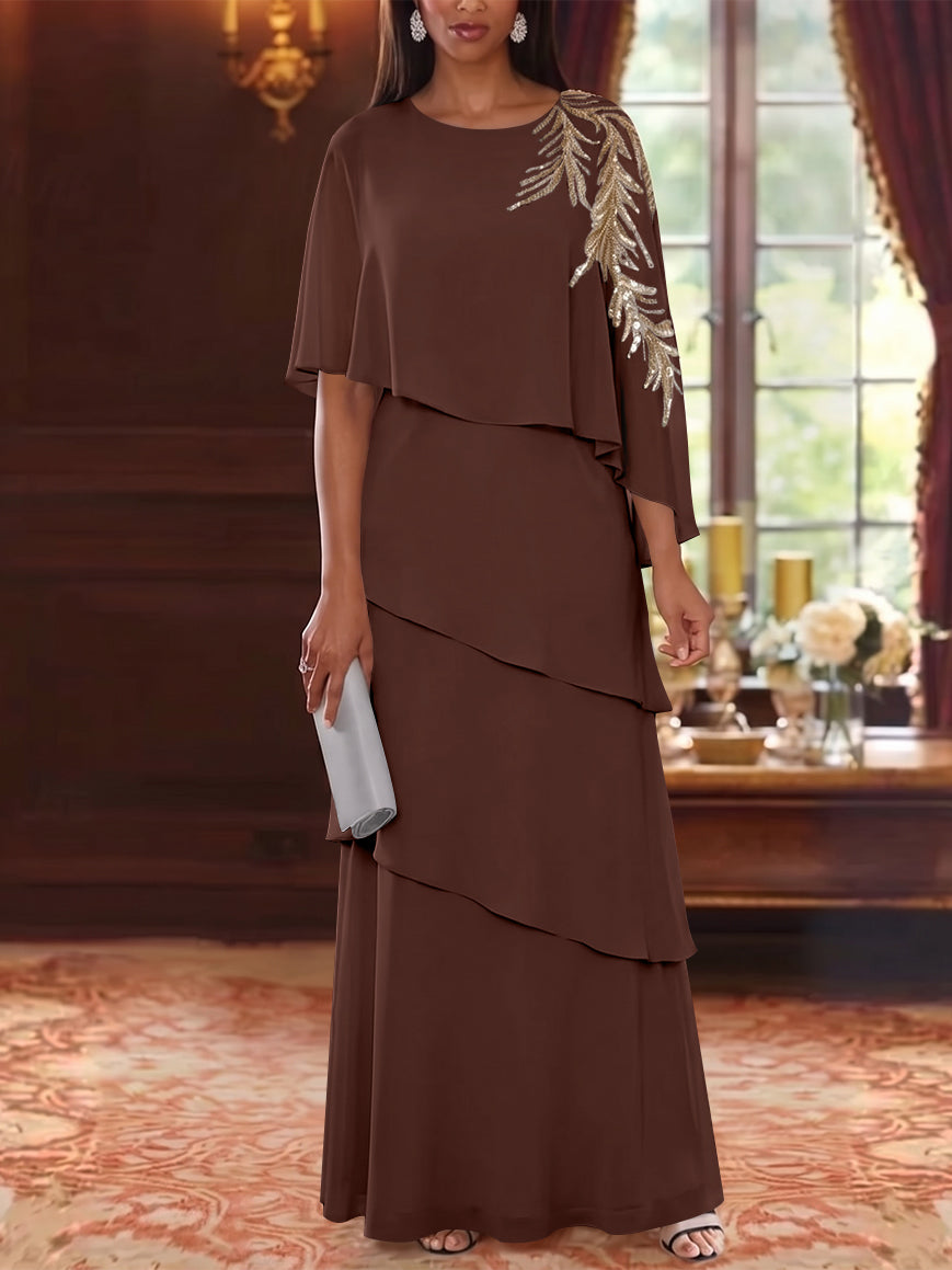 A-Line/Princess Scoop Chiffon Mother of the Bride Dresses Lace Sequins Cape Sleeves Ruffles Floor-Length