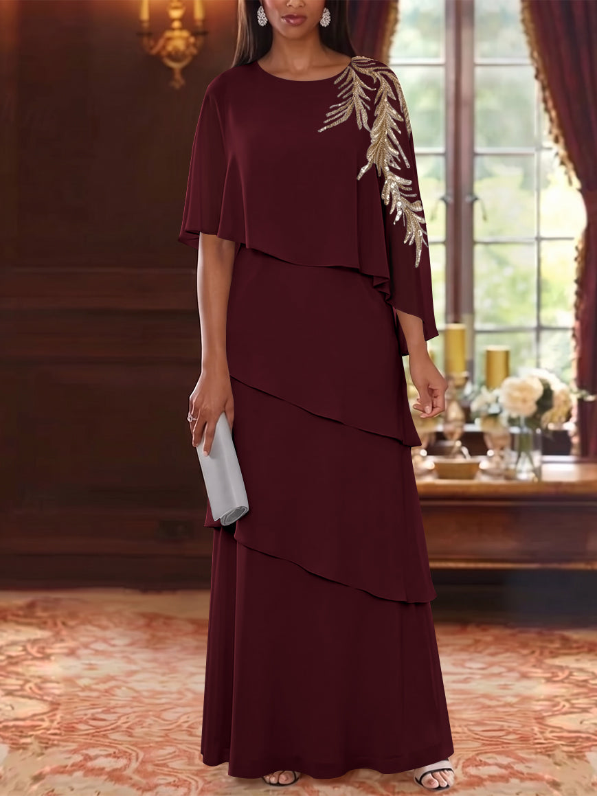 A-Line/Princess Scoop Chiffon Mother of the Bride Dresses Lace Sequins Cape Sleeves Ruffles Floor-Length