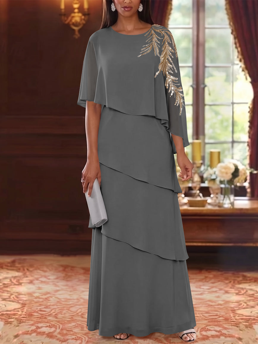 A-Line/Princess Scoop Chiffon Mother of the Bride Dresses Lace Sequins Cape Sleeves Ruffles Floor-Length