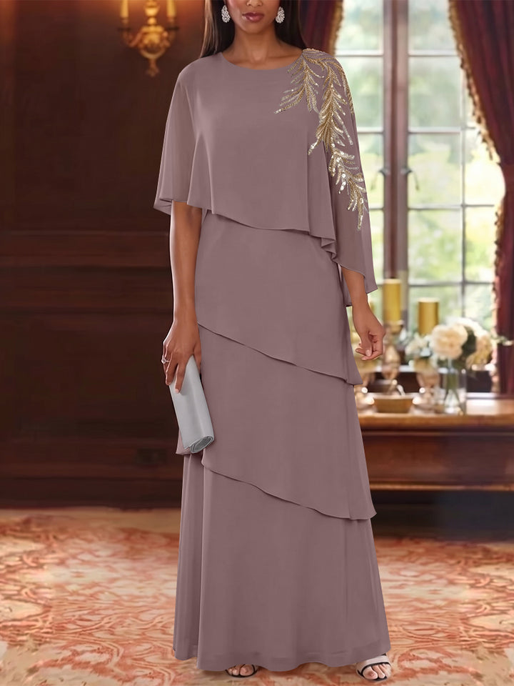 A-Line/Princess Scoop Chiffon Mother of the Bride Dresses Lace Sequins Cape Sleeves Ruffles Floor-Length