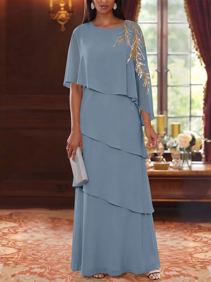A-Line/Princess Scoop Chiffon Mother of the Bride Dresses Lace Sequins Cape Sleeves Ruffles Floor-Length