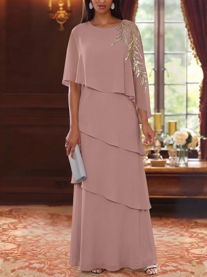 A-Line/Princess Scoop Chiffon Mother of the Bride Dresses Lace Sequins Cape Sleeves Ruffles Floor-Length